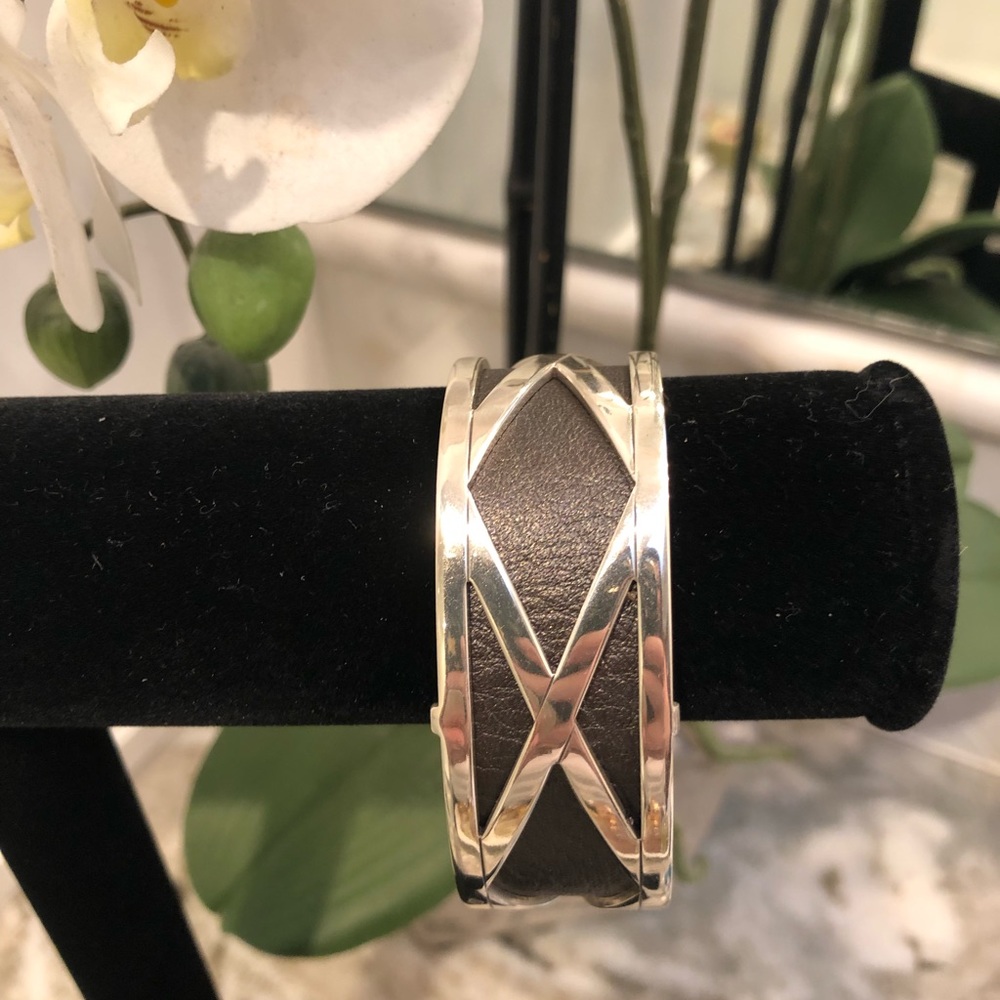 Brighton Silver Cuff Bracelet w/ leather inserts